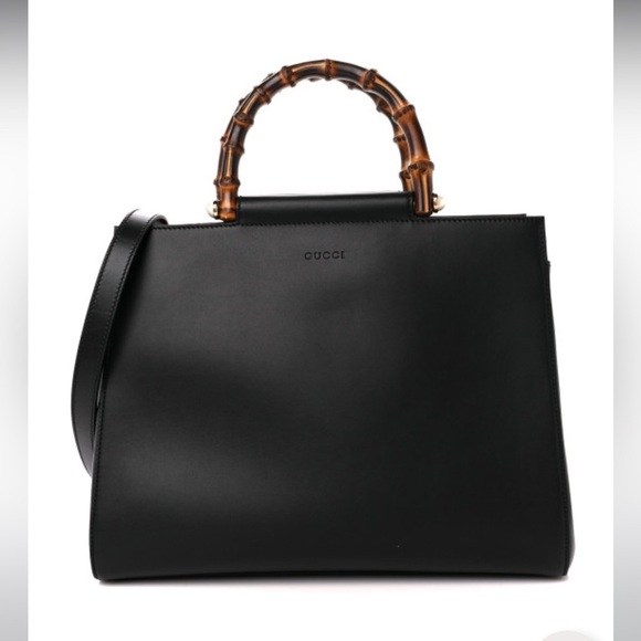GUCCI Nappa Bamboo Nymphaea Top Handle Satchel Bag Black with Dustbag - Picture 2 of 16